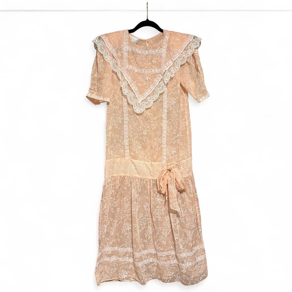 Vintage Gunne Sax Dress XS 3 Peach Sheer Lace Drop Waist Floral Cottagecore